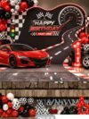 Car Theme Birthday Decoration Kit – 75-Piece Red Black Silver Racing Party Set with Foil Balloons, Sports Car Cutout and Racing Flags
