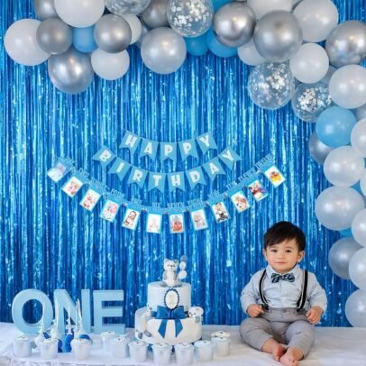 1st Birthday Decoration for Baby boy blue color Balloon and Birthday photo banner