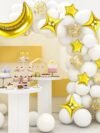 Twinkle Little Star Theme Party Balloon Kit – 55-Piece gold and white celestial set with crescent moon, gold star foil, and confetti balloons