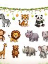 Jungle Animal Theme Party Cutouts – 12-piece cardstock set featuring Zebra, Lion, Elephant, Giraffe and more for birthday and baby shower decoration