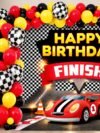 Car Racing Theme Birthday Decoration Kit – 74-piece red black yellow party set with foil balloons, checkered flags, 5x5ft backdrop and hand pump