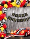 Car Racing Theme Birthday Decoration Kit – 76-piece red yellow black balloon set with checkered flags, foil balloons and birthday party