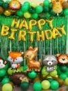 Jungle Theme Birthday Balloon Decoration Combo Kit 63 PCS – green brown gold foil animal balloons with safari banner, lion elephant giraffe cutouts