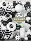 Football Foil Balloon Combo Set 54 PCS – black & white balloon arch with football foil balloons, gold Happy Birthday banner and checkered flags for boys birthda