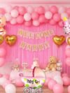 Baby Welcome Girl Decoration Kit – 51-piece pink & white set with foil curtains, baby girl balloons, welcome banner and crib balloon