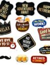 Retirement Photo Booth Props – Black & Gold Party Cutouts with Happy Retirement, No More Work, and Bye Bye 9 to 5 Signs
