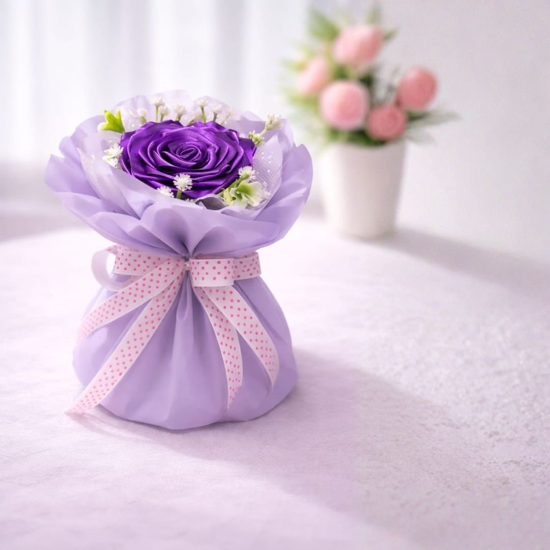 Purple Satin Ribbon Rose Bouquet – Stunning Handcrafted Decorative Floral Gift - Image 2