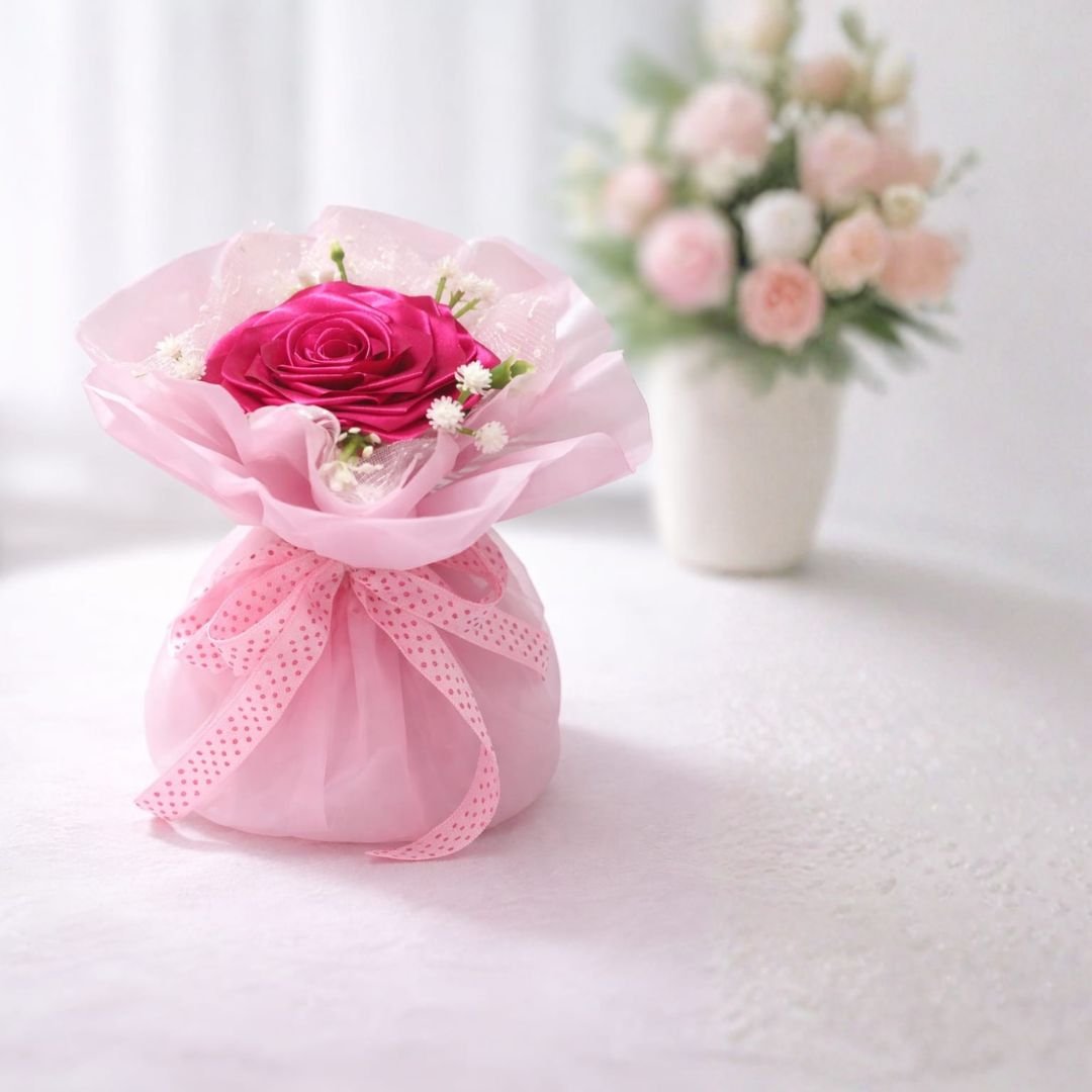 Pink Satin Ribbon Rose Bouquet – handcrafted blush pink decorative floral gift with layered satin petals, gift-ready packaging