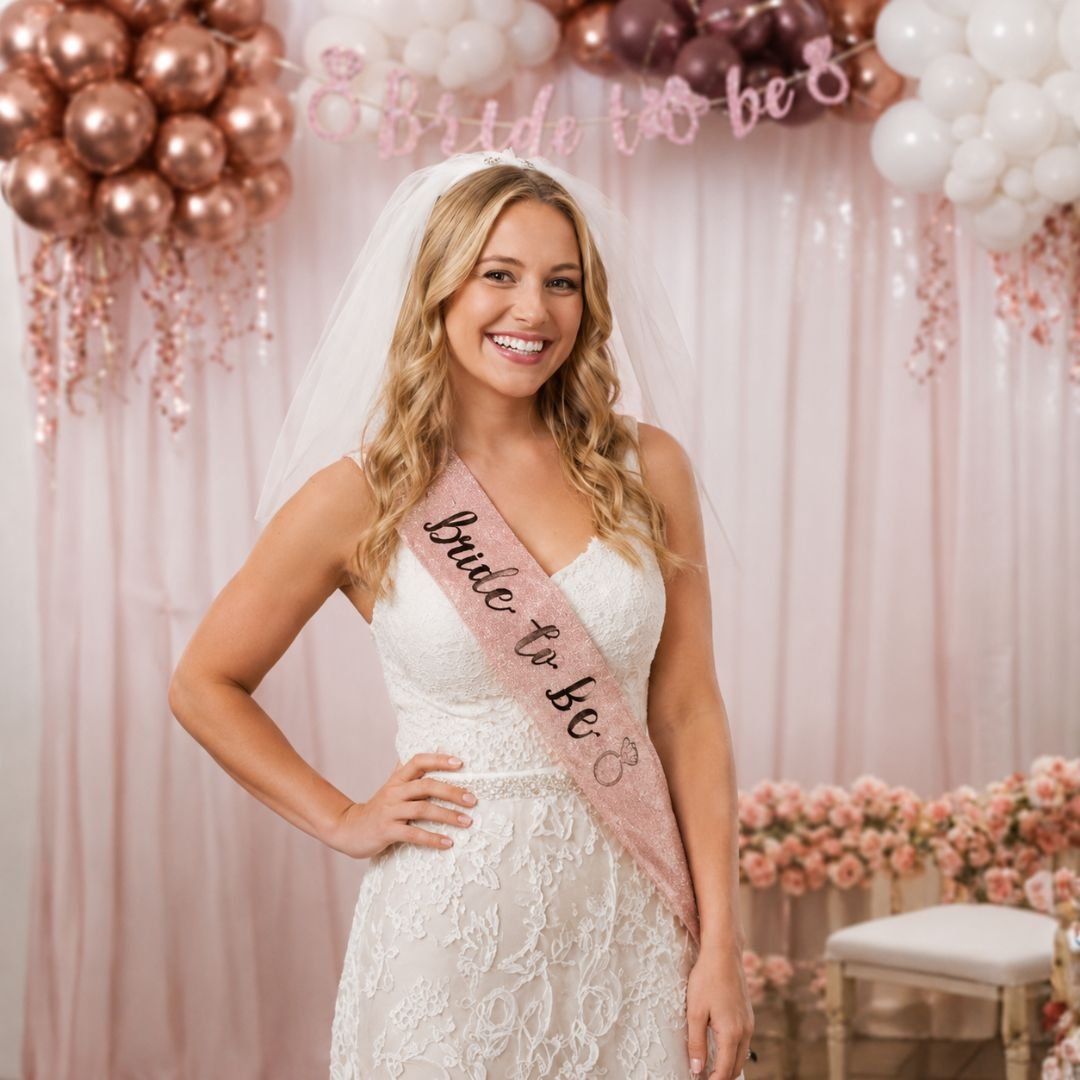 Bride to Be Sash in rose gold glitter — adjustable bridal sash for hen parties, bachelorette nights, bridal showers and engagement celebrations