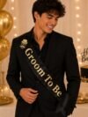 Groom To Be Black Sash – adjustable black gold lettering sash for bachelor party celebration and pre-wedding events