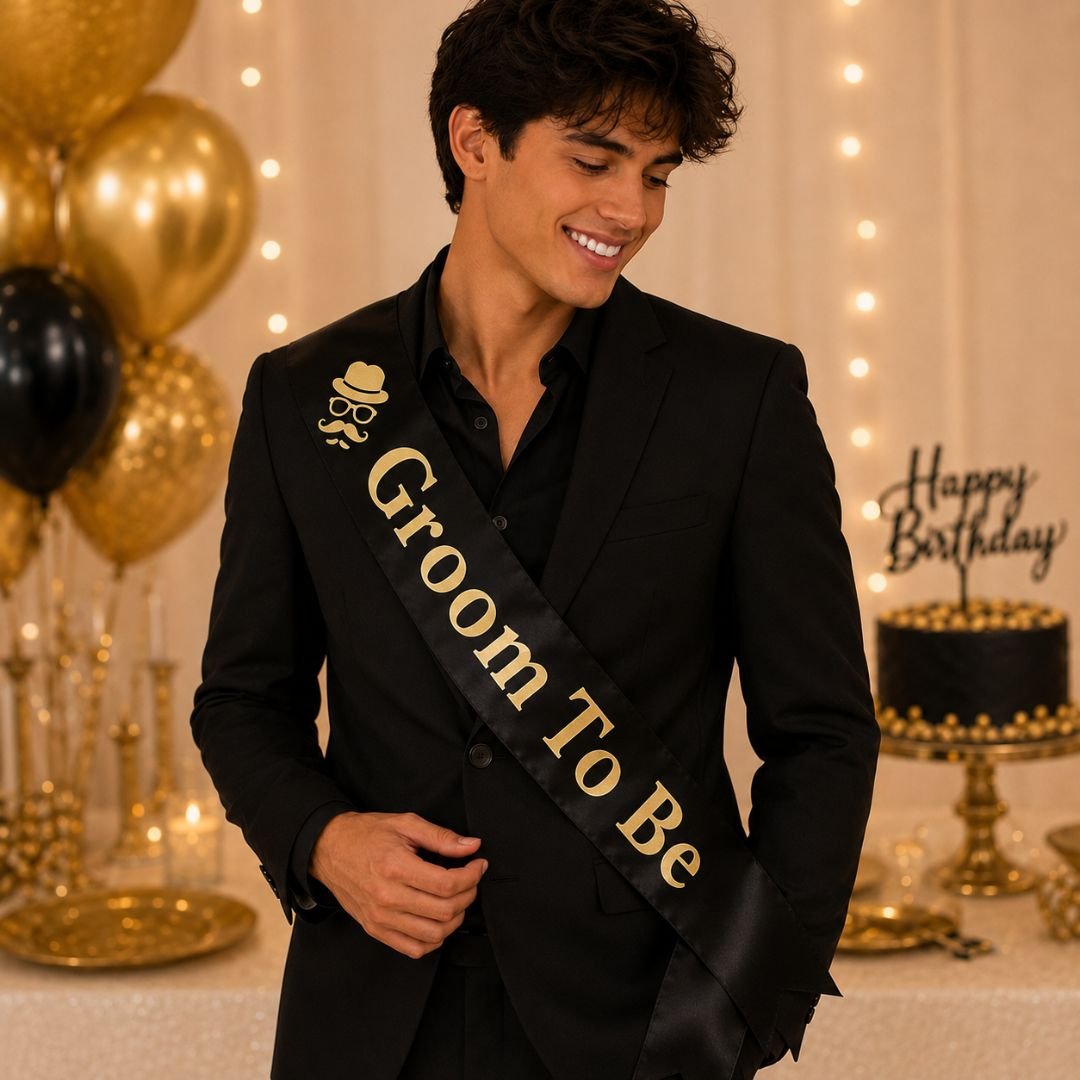 Groom To Be Black Sash – adjustable black gold lettering sash for bachelor party celebration and pre-wedding events
