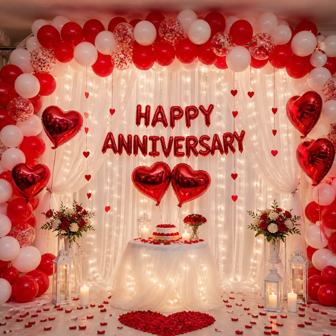 Anniversary 63 Combo Set – 63-piece red and white romantic decoration kit with heart foil balloons, LED lights, net backdrop and Happy Anniversary banner