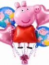 Peppa Pig Balloons Set of 5 – Pink Foil Birthday Decoration Kit with Supershape Character, 2 Round & 2 Heart Balloons for Kids Party