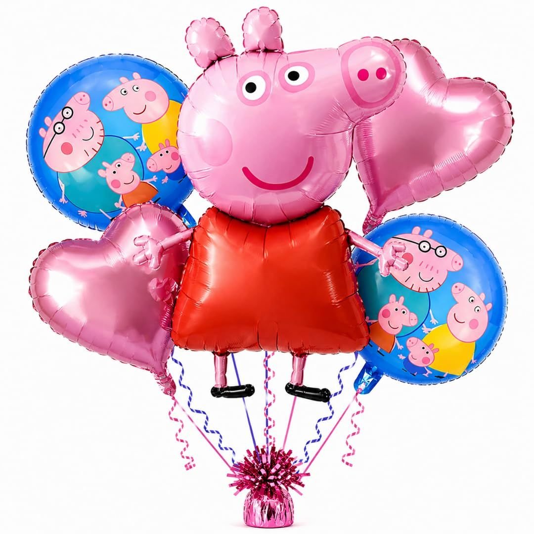 Peppa Pig Balloons Set of 5 – Pink Foil Birthday Decoration Kit with Supershape Character, 2 Round & 2 Heart Balloons for Kids Party