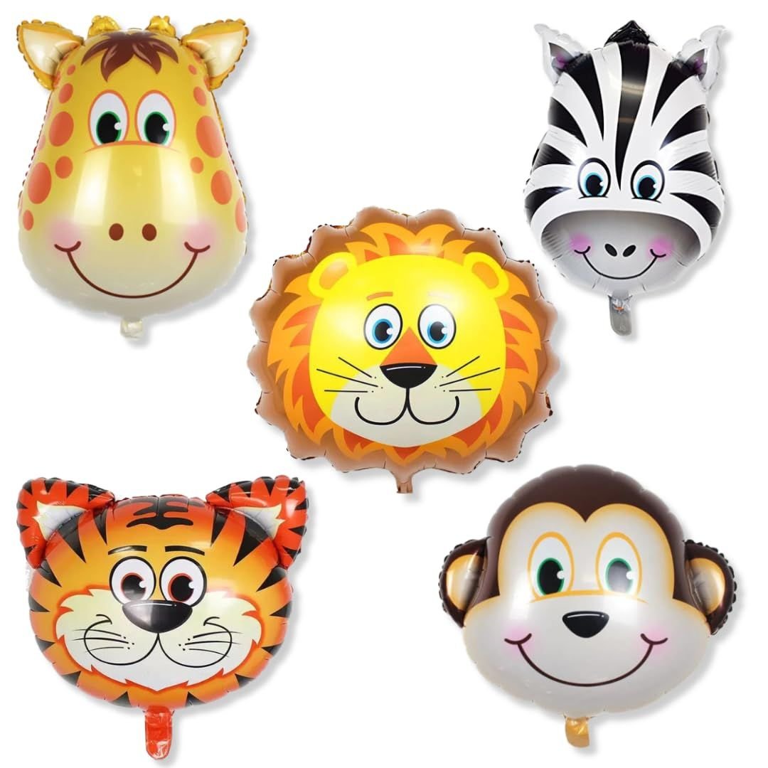 Animal Foil Balloons For Kids – Set of 5 Pcs jungle birthday decoration with Lion, Monkey, Tiger, Zebra and Giraffe metallic foil balloons