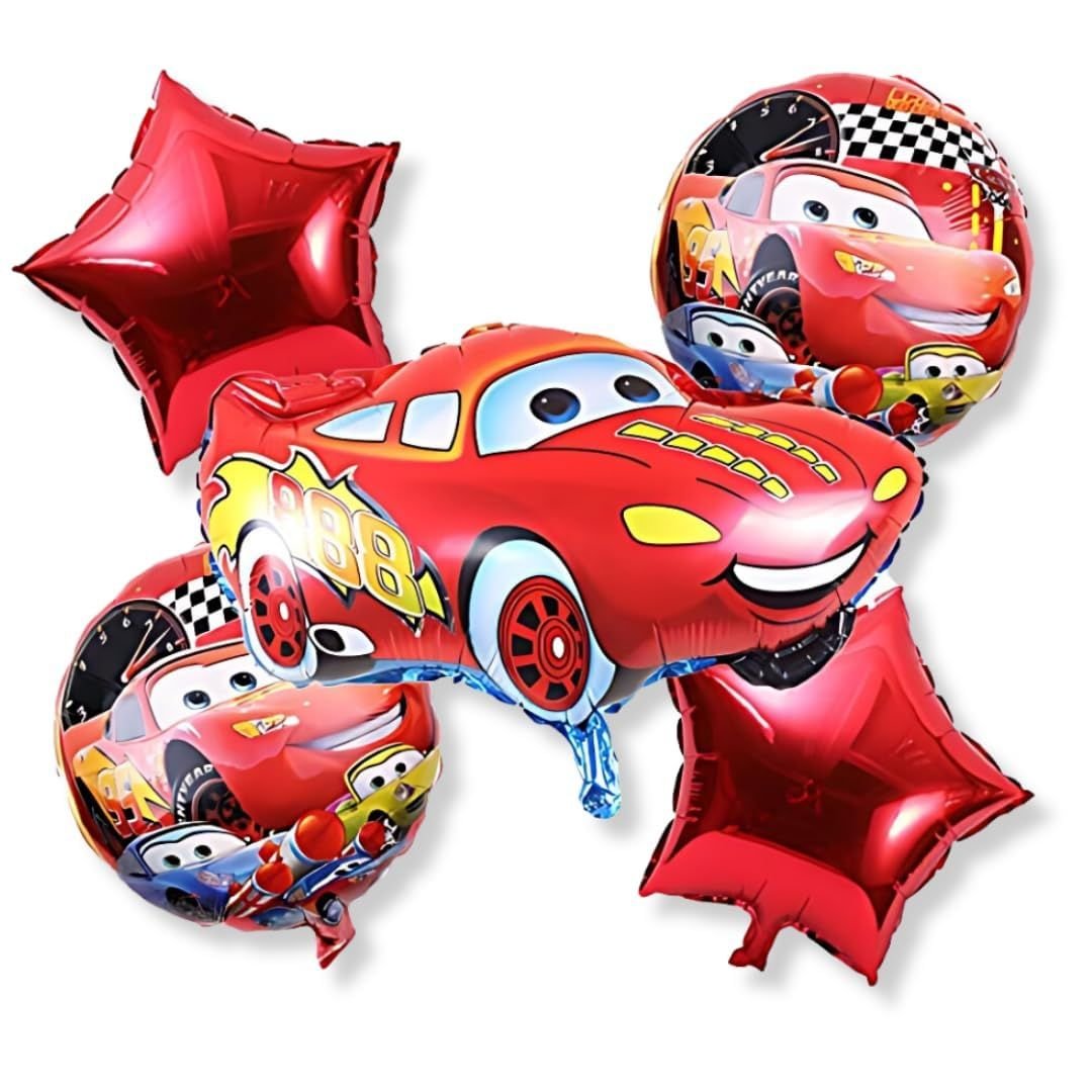 Happy Birthday Car Theme Foil Balloon Set of 5 – metallic kids racing party balloons with bold Happy Birthday print