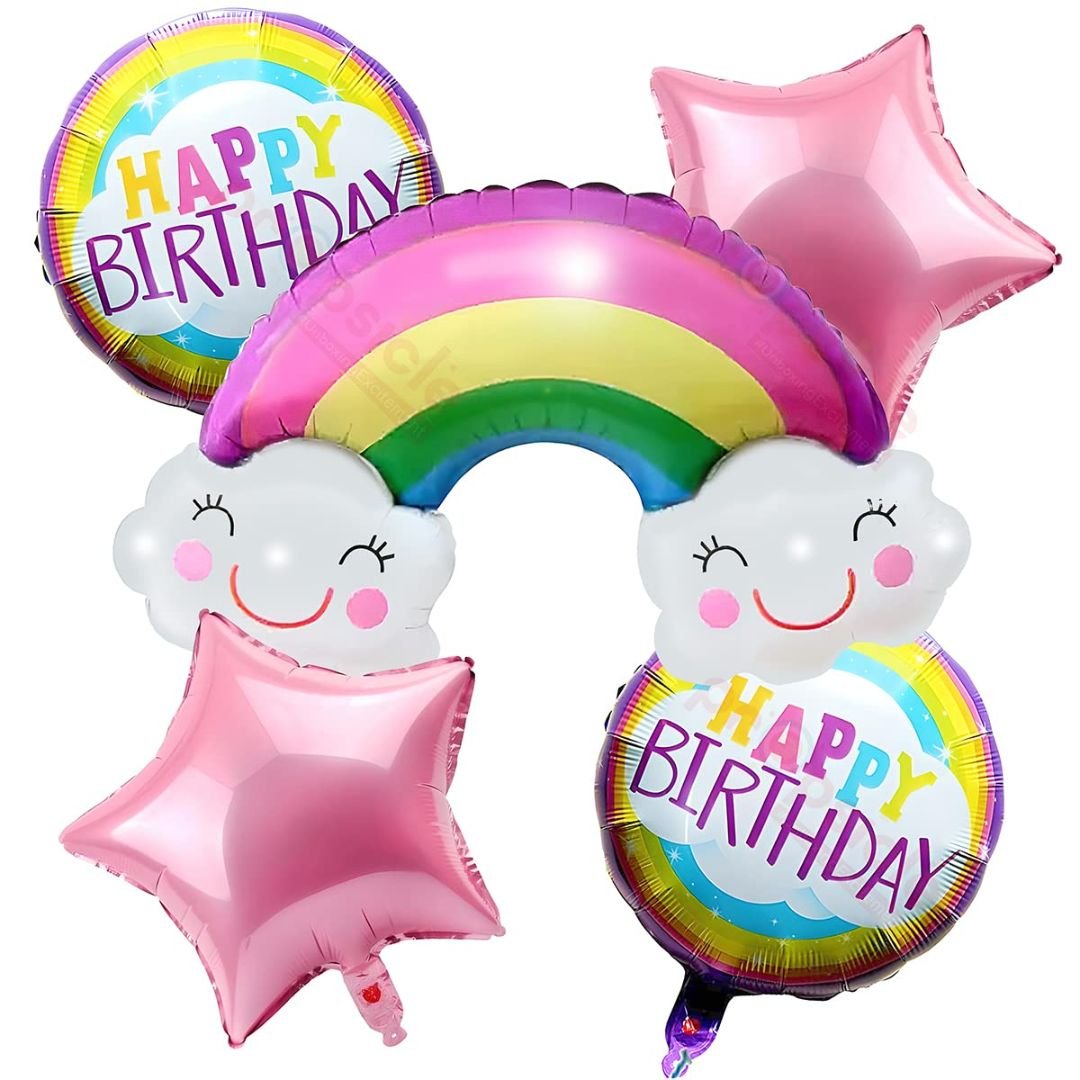 Rainbow Foil Balloon Set 5 – 32×25 rainbow balloon, 2 round Happy Birthday 18" & 2 pink star 18" foil balloons for birthday party