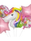 Unicorn Foil Balloon Set – 5-piece pink silver party kit with 27-inch unicorn, 2 round & 2 pink star foil balloons