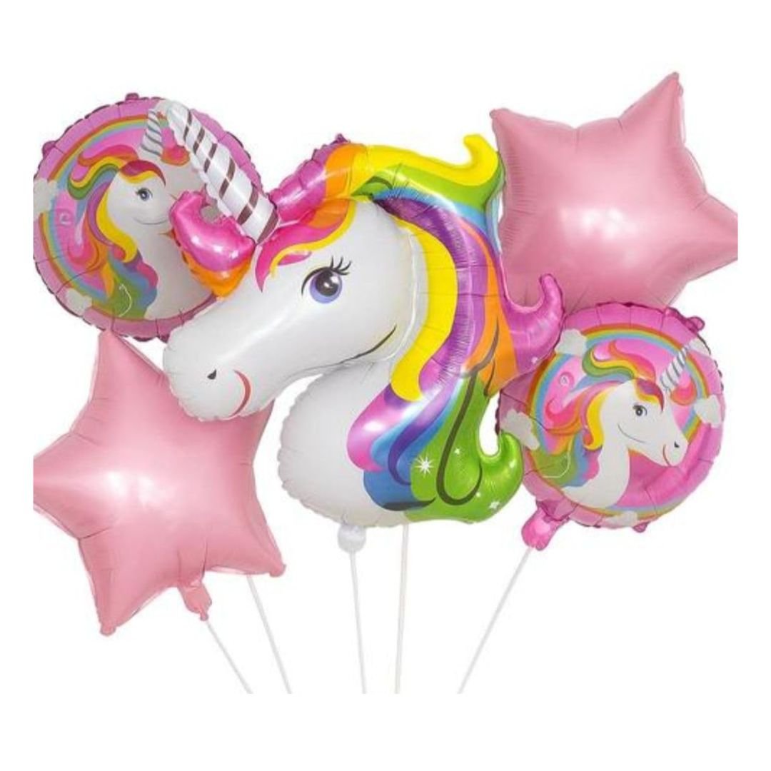 Unicorn Foil Balloon Set – 5-piece pink silver party kit with 27-inch unicorn, 2 round & 2 pink star foil balloons