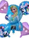 Frozen Theme Foil Balloon Set – 5-piece birthday decoration kit with 2 purple heart foil balloons and 2 round foil balloons in ice blue and silver