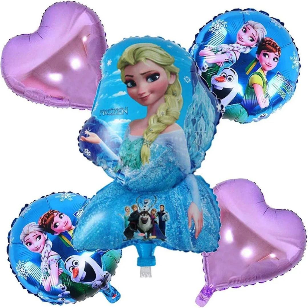 Frozen Theme Foil Balloon Set – 5-piece birthday decoration kit with 2 purple heart foil balloons and 2 round foil balloons in ice blue and silver