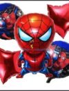 Spider-Man Theme Foil Balloon Set – 5-piece birthday decoration kit with giant 36-inch Spider-Man foil, 18-inch round foil, and 2 red star balloons in red and blue