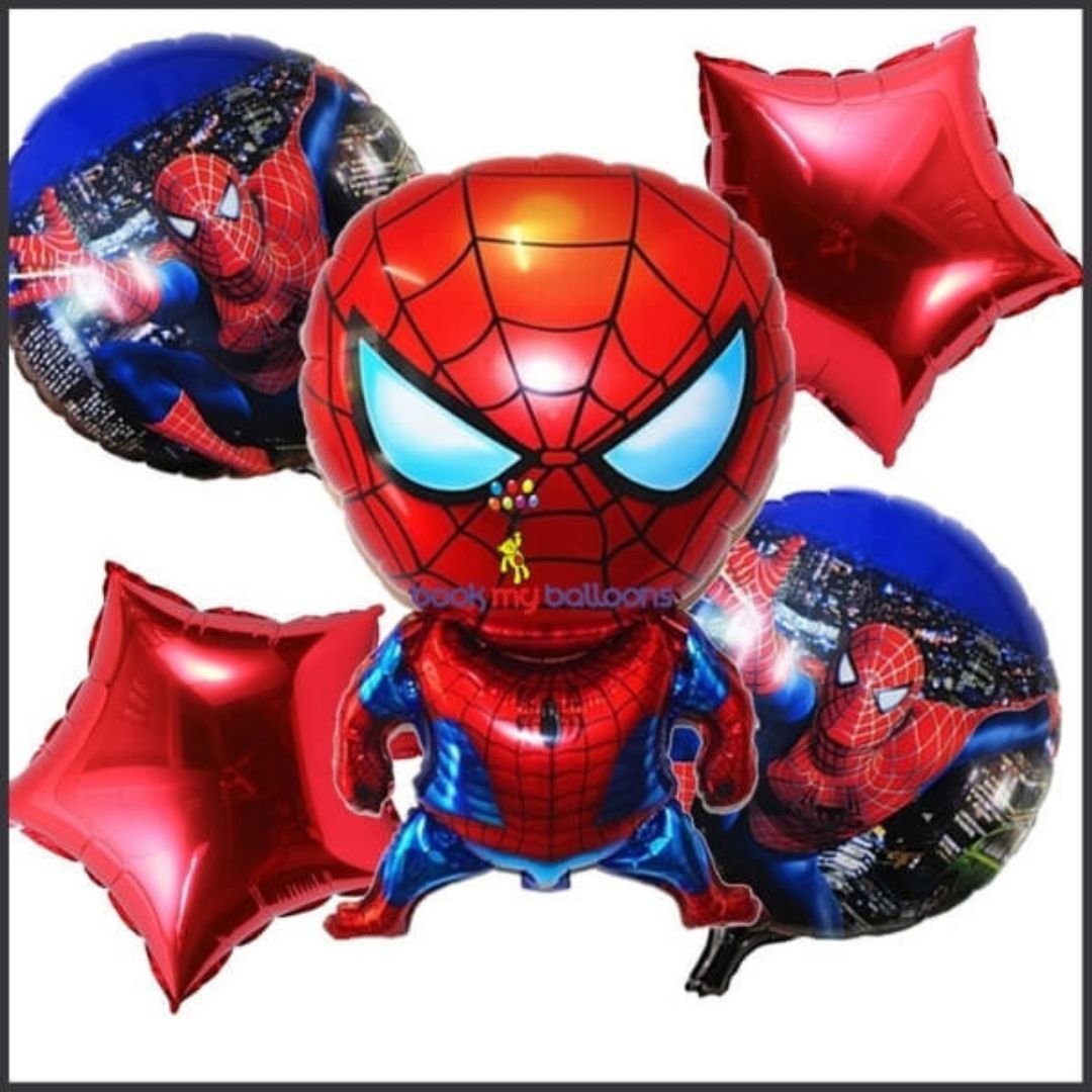 Spider-Man Theme Foil Balloon Set – 5-piece birthday decoration kit with giant 36-inch Spider-Man foil, 18-inch round foil, and 2 red star balloons in red and blue