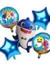 Baby Shark Foil Balloon Set – 5-piece bundle with 35-inch shark, 2 blue star, and 2 character round balloons for kids birthday party
