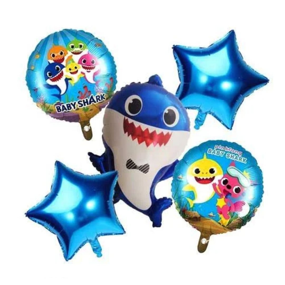 Baby Shark Foil Balloon Set – 5-piece bundle with 35-inch shark, 2 blue star, and 2 character round balloons for kids birthday party