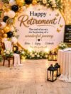Happy Retirement Decoration Kit – 70-piece gold & black party set with chrome balloons, confetti balloons, banner, foil curtains and themed cutouts