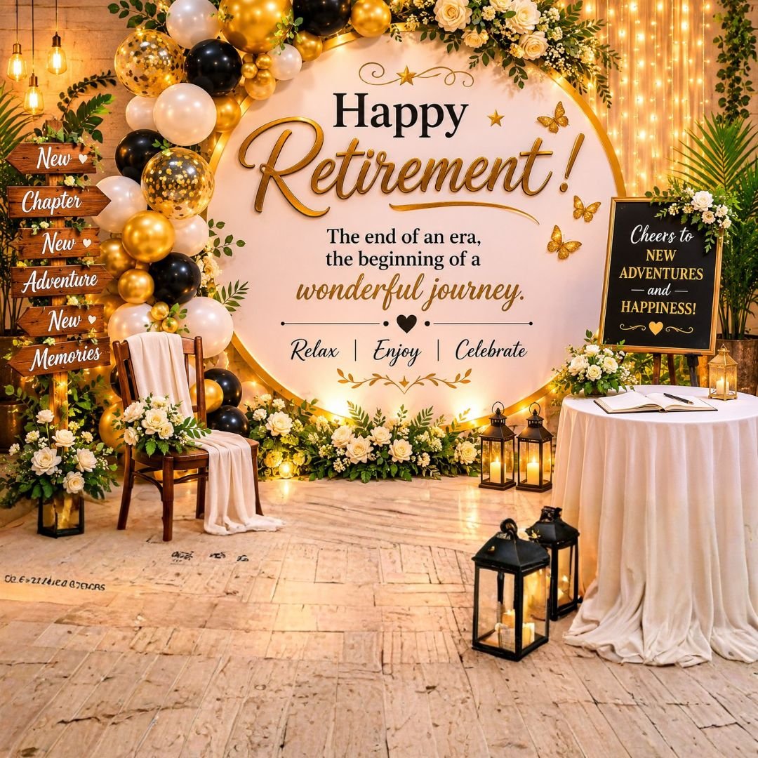 Happy Retirement Decoration Kit – 70-piece gold & black party set with chrome balloons, confetti balloons, banner, foil curtains and themed cutouts