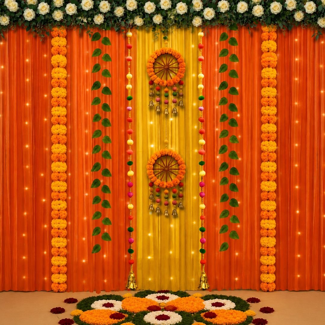 Marigold Garland Decoration pack of 5 – 4.5 ft yellow and orange artificial flower string for Diwali, wedding, and pooja décor
