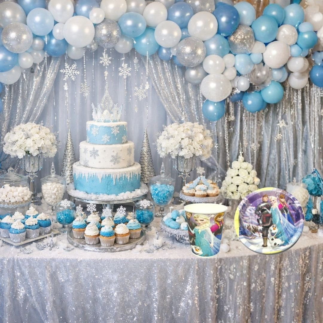 Frozen Theme Party Set – 40 blue Elsa-print cups and 40 plates in ice blue and white for kids birthday parties