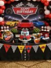 Car Theme Party Set – 80-piece kids tableware with 40 race car cups and 40 matching plates in red and black