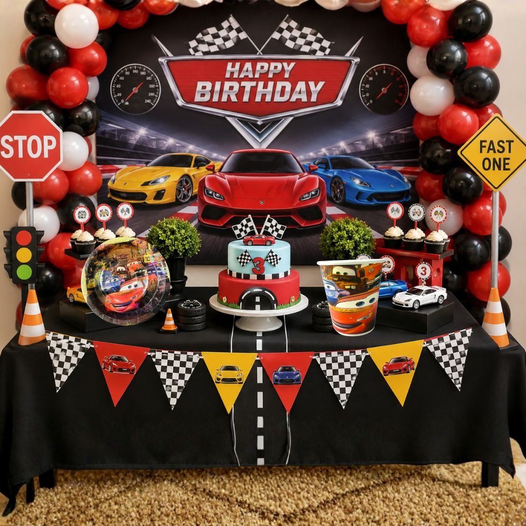 Car Theme Party Set – 80-piece kids tableware with 40 race car cups and 40 matching plates in red and black