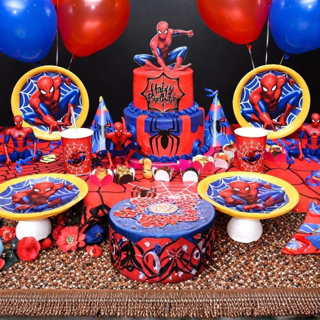 Spiderman Theme Glass & Plates – 80-piece red-blue kids birthday party tableware set with printed cups and round paper plates
