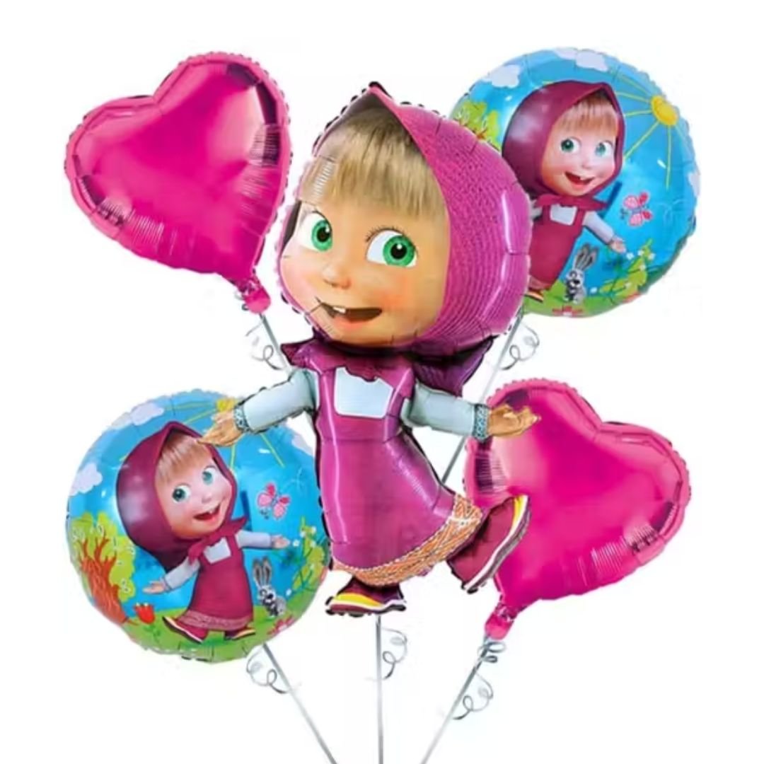 Shop the Mesha Bear Foil Balloon Set – 5-piece kit with 34″ character, round & heart balloons. Perfect for birthdays & kids' parties. Order now