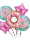 Donut Foil Balloon Set – 5-piece pink star, round foil and donut character balloons for sweet-themed kids birthday party decoration