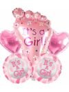 Baby Girl Balloon Set – 5-piece pink set with 2 heart foil balloons, 2 round balloons and 1 baby feet foil balloon 16 inch for newborn welcome