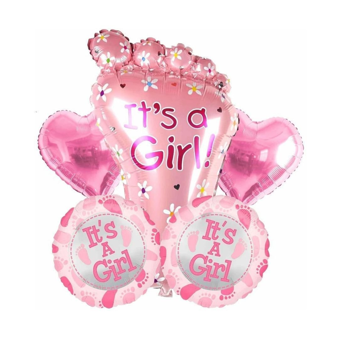 Baby Girl Balloon Set – 5-piece pink set with 2 heart foil balloons, 2 round balloons and 1 baby feet foil balloon 16 inch for newborn welcome