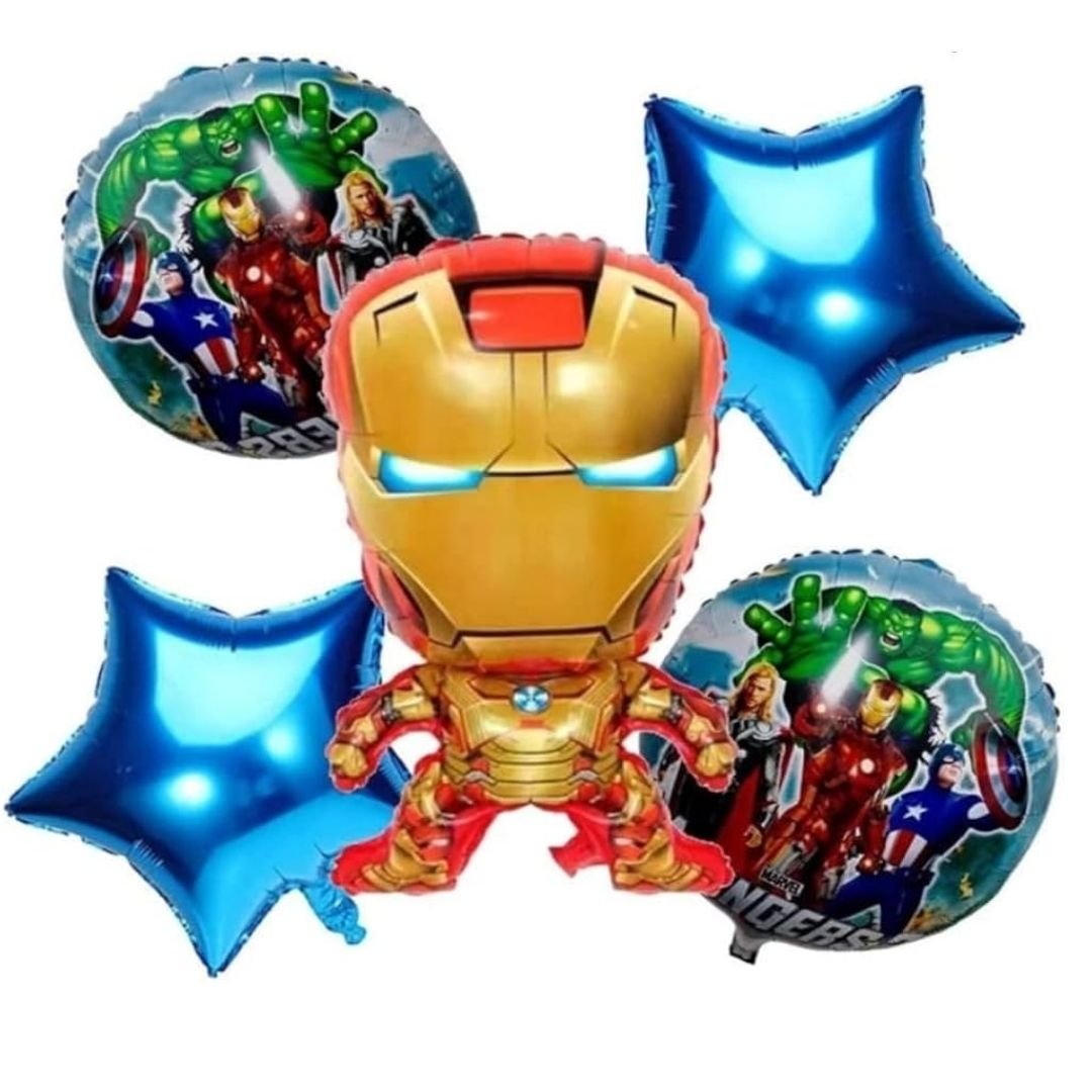 Avengers Superhero Foil Balloon Combo – 5-piece set with 1 Marvel foil, 2 round and 2 star latex balloons in red, blue and gold for birthday parties