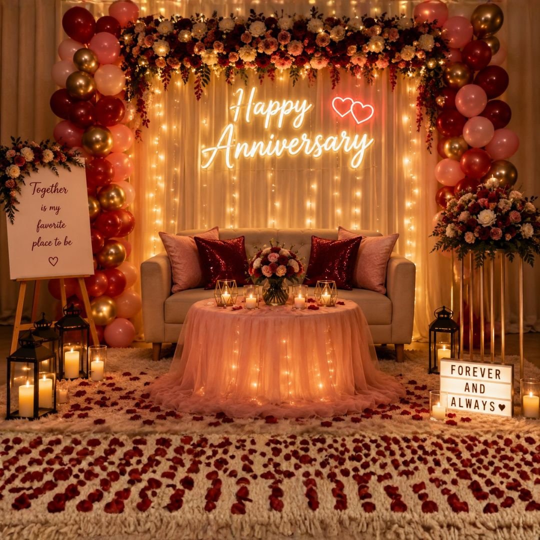 63 PCS Anniversary Decoration Combo Pack – wine, rose gold chrome & pink balloons with white net curtains and warm LED fairy lights for romantic anniversary setup