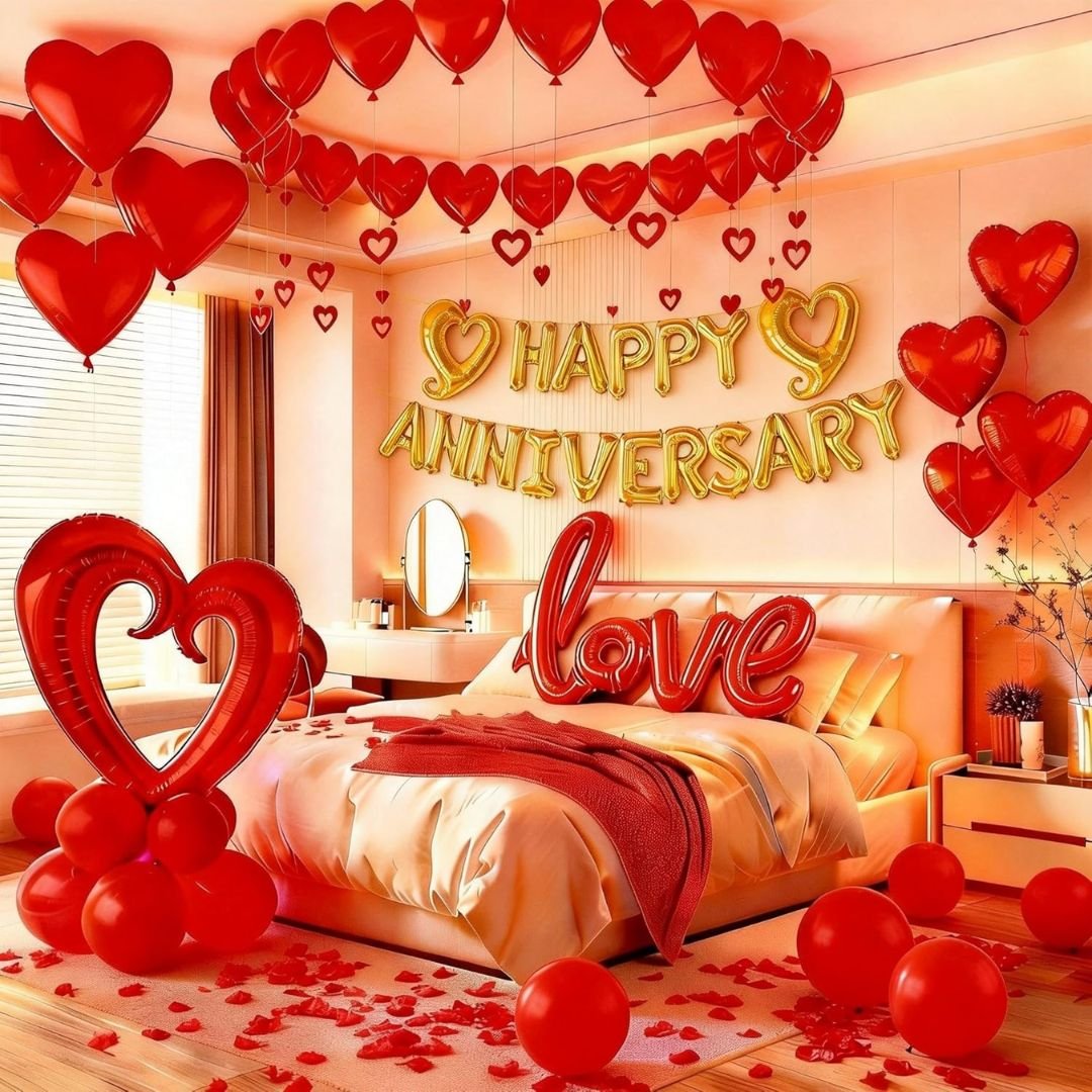 Anniversary Decoration Kit – 39-piece red heart foil balloon set with LOVE balloon, latex balloons, Happy Anniversary banner, glue dot roll and ribbon roll