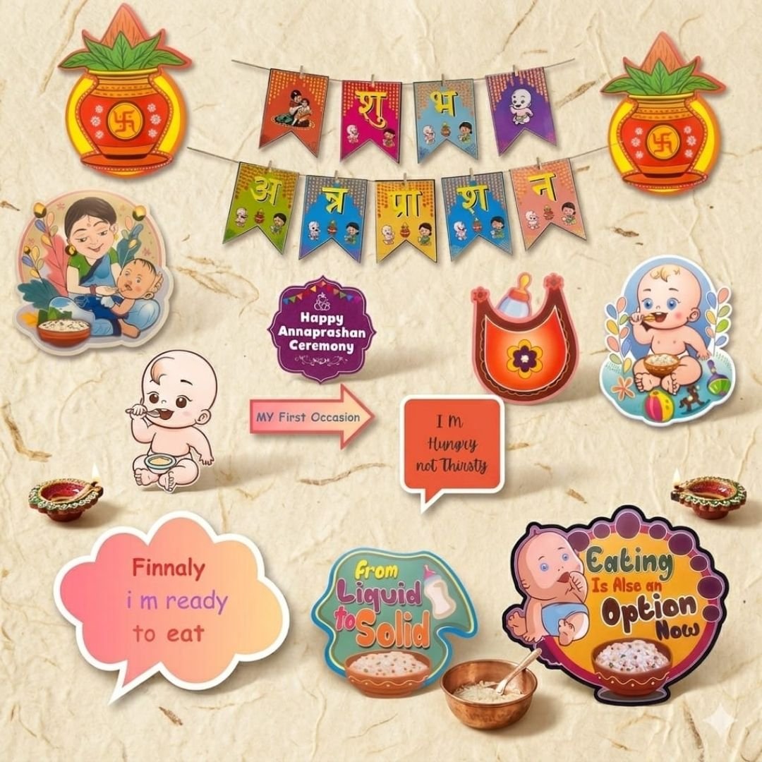 Annaprashan Combo Kit – vibrant baby rice ceremony decoration set with theme banner, kalash props, baby cutouts and festive hangings for first food celebration