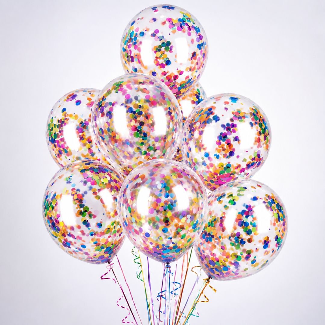Confetti Balloon Pack — Multicolor latex balloons available in pack of 25, 50 and 100 for Confetti Balloon Pack pack of 5,10,25 in silver, gold, pink, rose gold, purple and blue metallic latex with glitter confetti fill