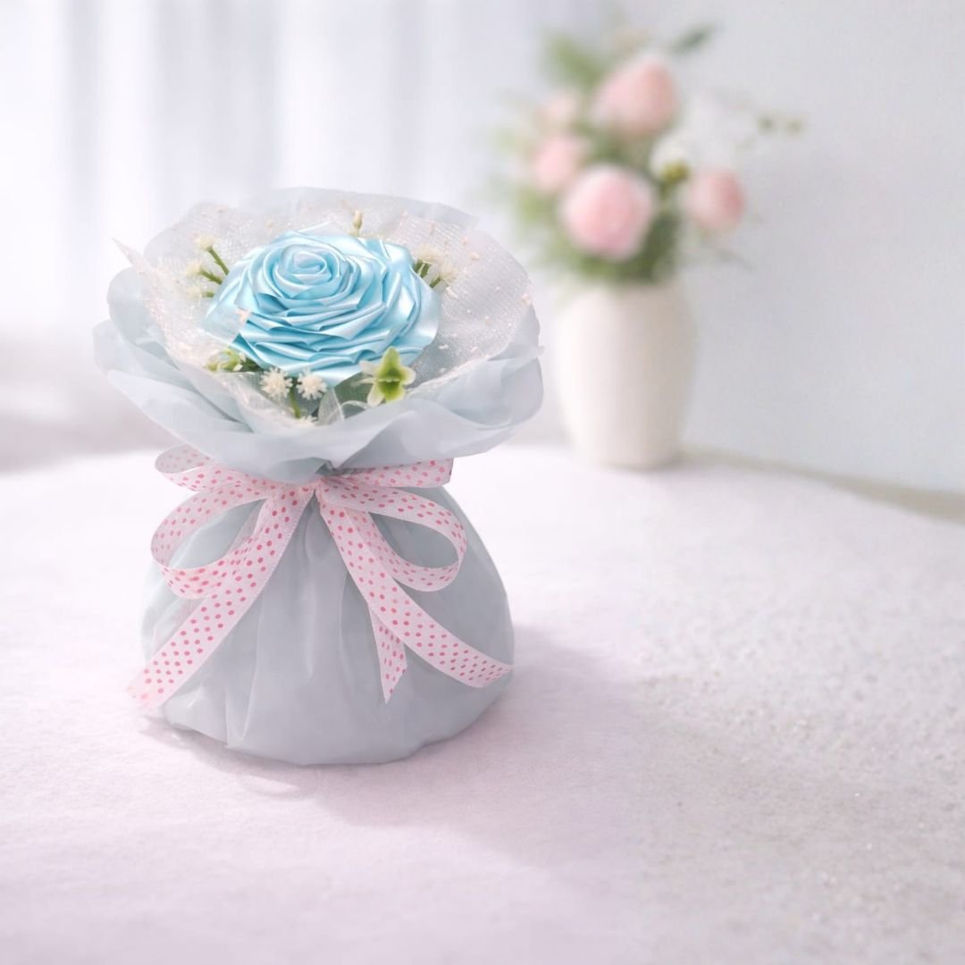 Satin Ribbon Rose Bouquet – handcrafted ice blue satin fabric roses arranged as a decorative floral gift bouquet