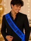 Birthday Boy Sash – 85cm blue glitter party sash with black foil lettering for men and boys birthday celebrations