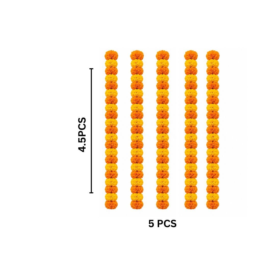 Marigold Garland Decoration 5 Pcs – 4.5 Ft Yellow & Orange Artificial Flower String - Image 3