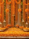 Artificial Orange Marigold Garland – pack of 10, 4.5 ft each, saffron fabric flower strings for Diwali, puja & wedding décor