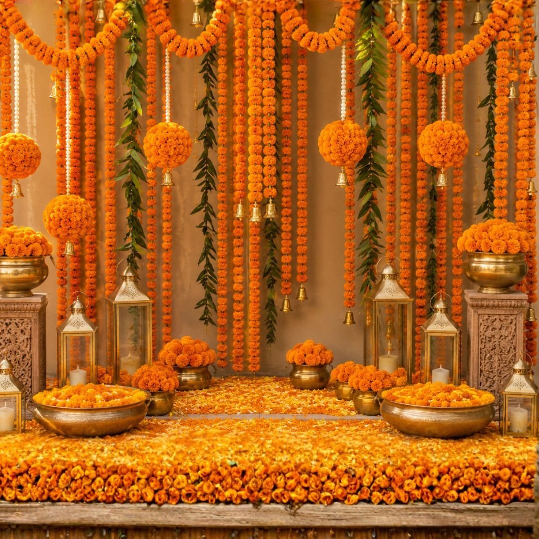 Artificial Orange Marigold Garland – pack of 10, 4.5 ft each, saffron fabric flower strings for Diwali, puja & wedding décor